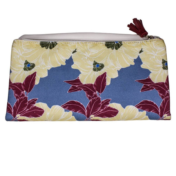 Rachel Pally Clutch Purse White Leather Canvas Floral Print Blue Purple Cream - Picture 1 of 5